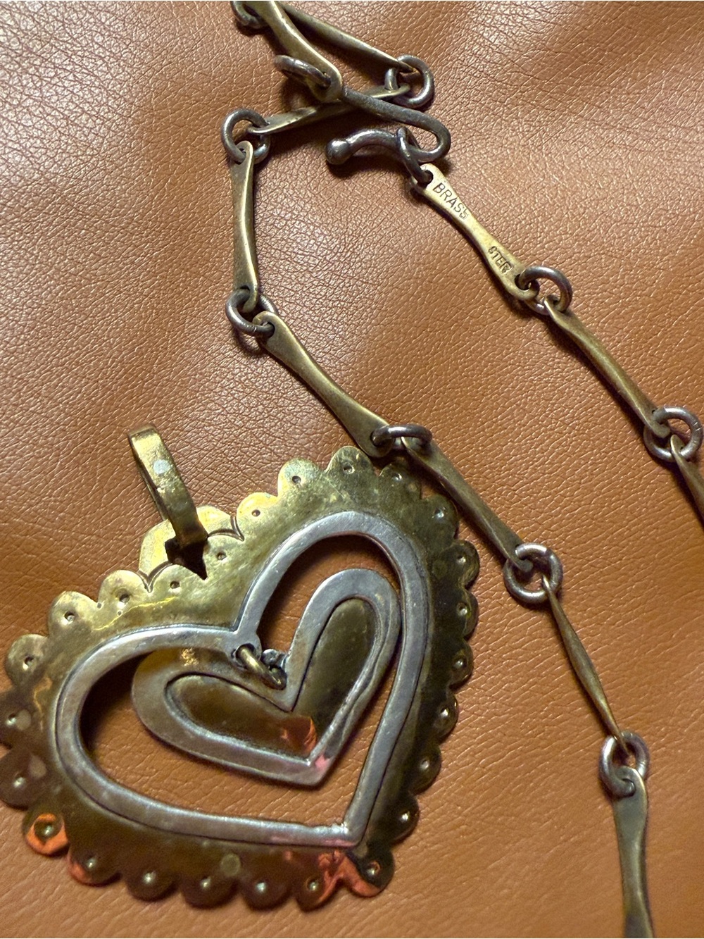 1980s Jeep Collins Rustic Brass Heart Necklace Artisan Western Boho